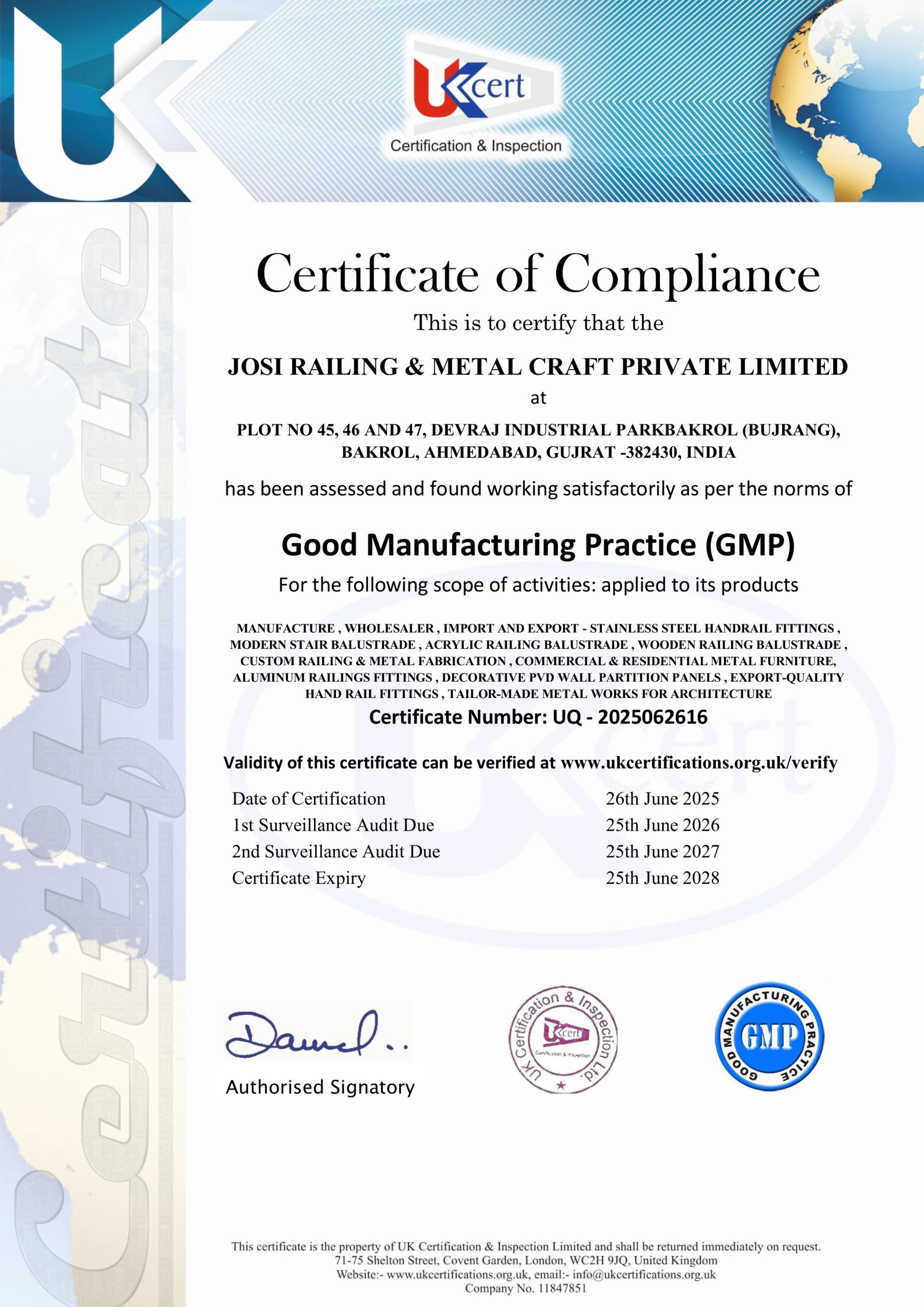 GMP JOSIRAILING AND METAL CRAFT CERTIFICATE